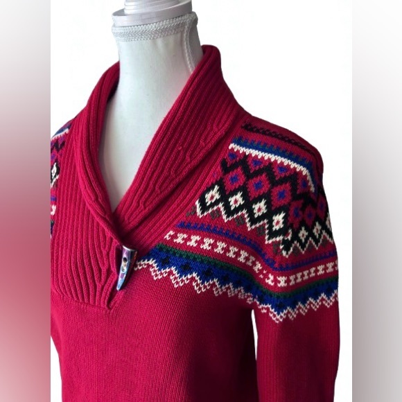 Cotton Ralph Lauren Toggle Women's Red Sweater Fair Aisle Pattern Christmas - Picture 2 of 9